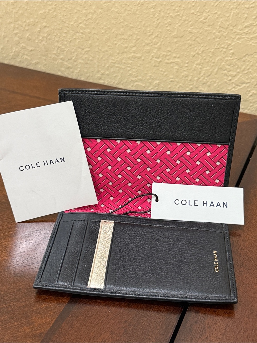 Cole Haan Black Leather Card & Passport Holder with Pink Woven Lining